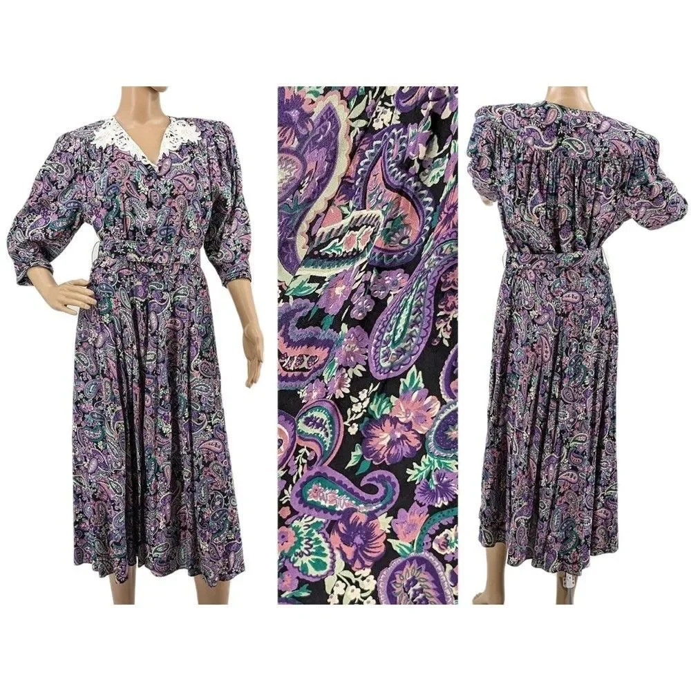 Vintage 90s Midi Dress Cottagecore Paisley Crochet Lace Belted Floral Size 9-10P